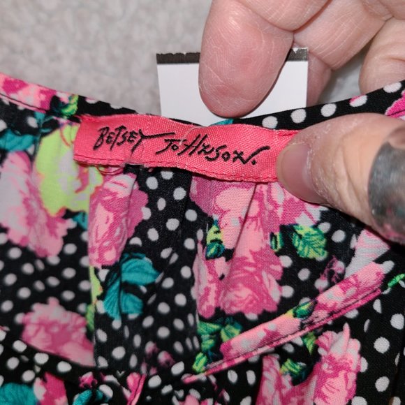 Betsey Johnson Long Sleeve Blouse Puffy Elastic Sleeve XL Black Pink Floral Whit - Picture 3 of 6